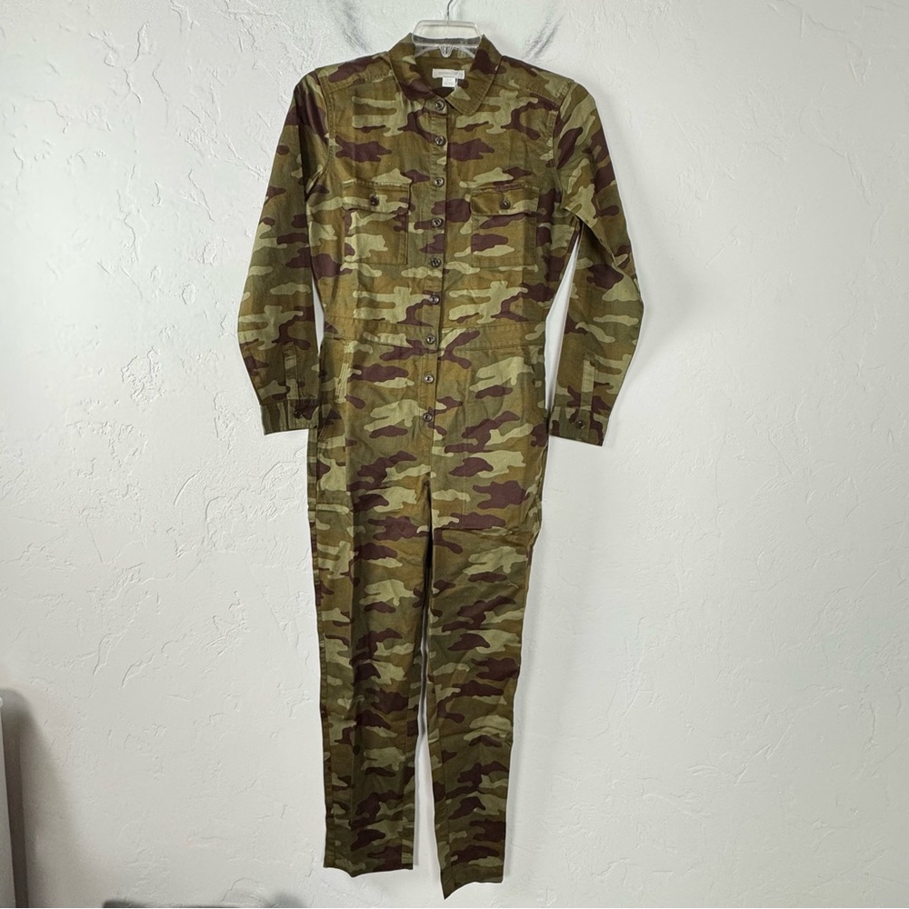 Outerknown SEA Jumpsuit Utility One Piece‎ Romper Camo Army Print Green Brown